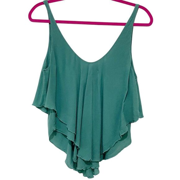Free People Green Layered Sleeveless Top V Neck Hem XS Boho Beach Casual - Picture 1 of 7